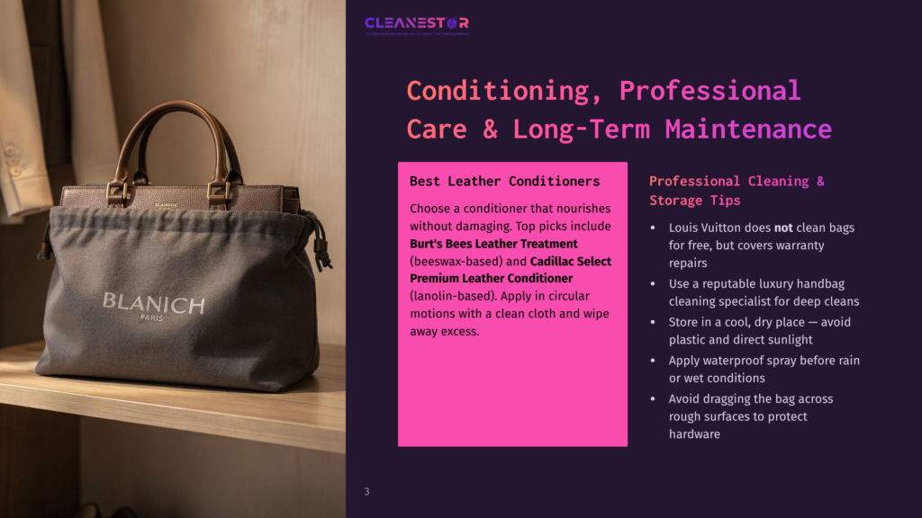 A Brown Leather Handbag By Blanich Paris Rests Inside A Protective Grey Dust Bag, With The Cleanestor Logo Visible In The Background. The Scene Highlights Professional Leather Care And Conditioning.
