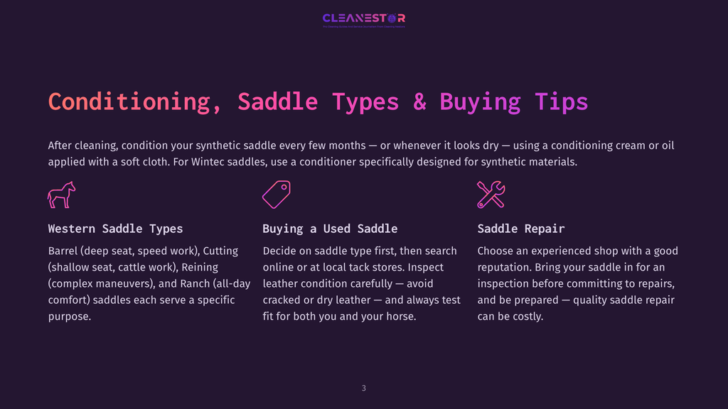 Illustration Of Saddle Types And Tips For Conditioning And Repair. Features Icons For Western Saddles, Used Saddles, And Saddle Repair.