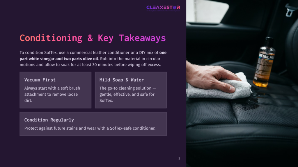 3 Conditioning And Key Takeaways A Hand Gently Wipes A Black Leather Car Seat With A Grey Microfiber Cloth, Applying A Cleaning Solution From A Bottle Labeled &Quot;Retail Pro&Quot; In The Background. The Text Overlay Discusses Leather Conditioning And Cleaning Tips.