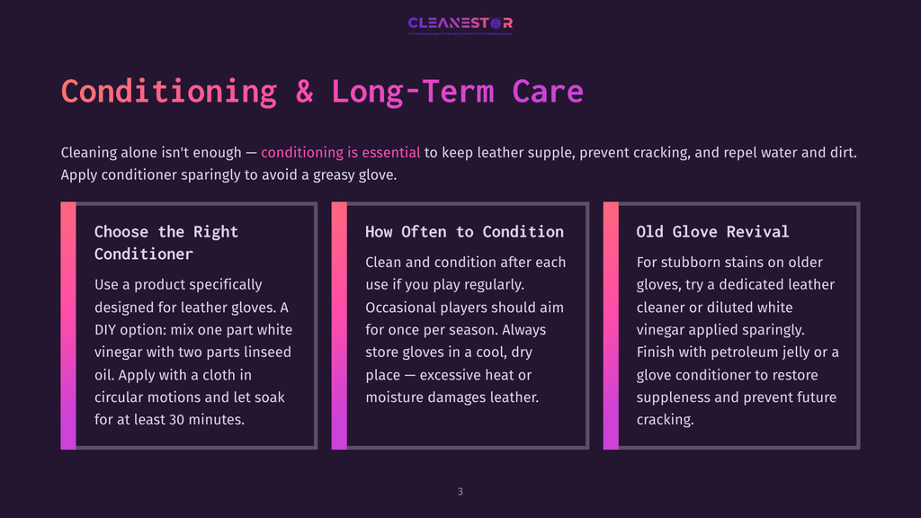 Cleanestor Logo Above Text About Conditioning Leather Gloves, With Three Columns Detailing How To Choose Conditioner, How Often To Condition, And Reviving Old Gloves.