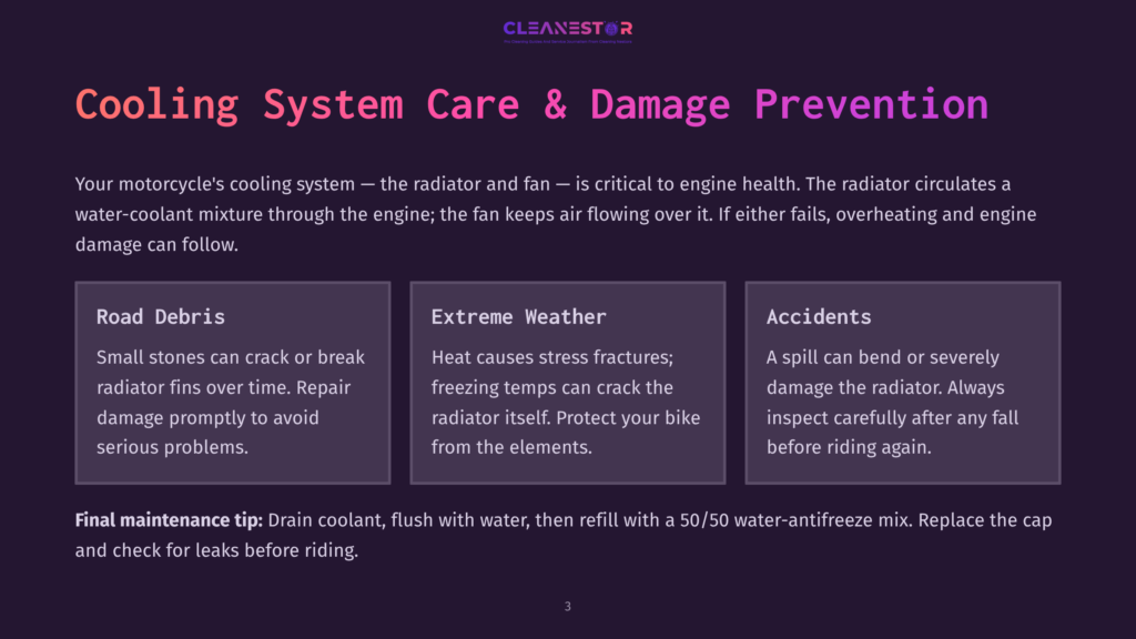 Diagram Illustrating Motorcycle Cooling System Care And Damage Prevention, Detailing Road Debris, Extreme Weather, And Accident Risks, With A Final Maintenance Tip.