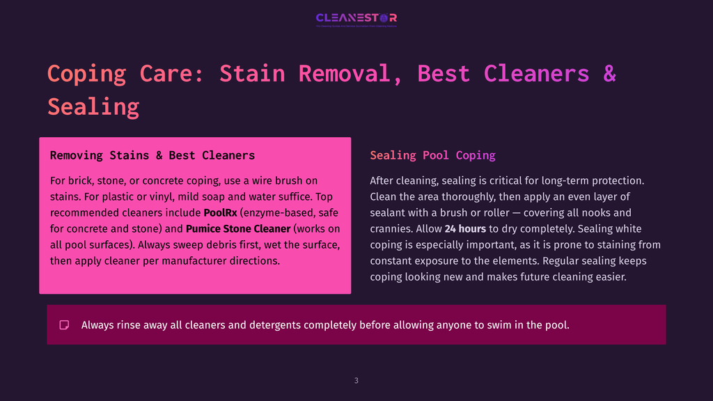 Cleanestor Logo With Text &Quot;Coping Care: Stain Removal, Best Cleaners &Amp; Sealing&Quot;. Two Sections: &Quot;Removing Stains &Amp; Best Cleaners&Quot; And &Quot;Sealing Pool Coping&Quot;.
