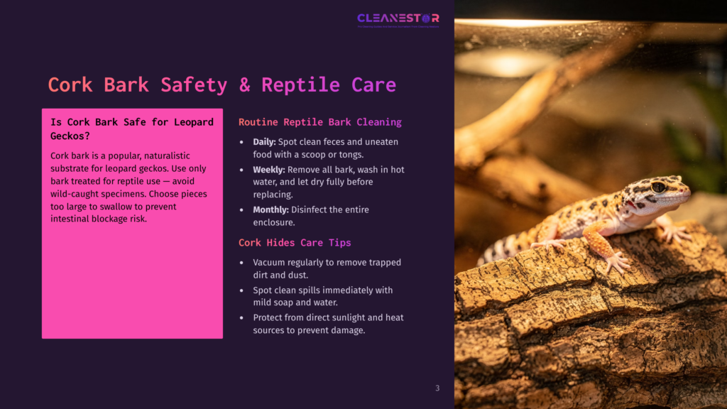 A Leopard Gecko With Yellow And Black Spots Rests On A Piece Of Cork Bark In A Terrarium, With Text Overlay About Cork Bark Safety For Geckos.
