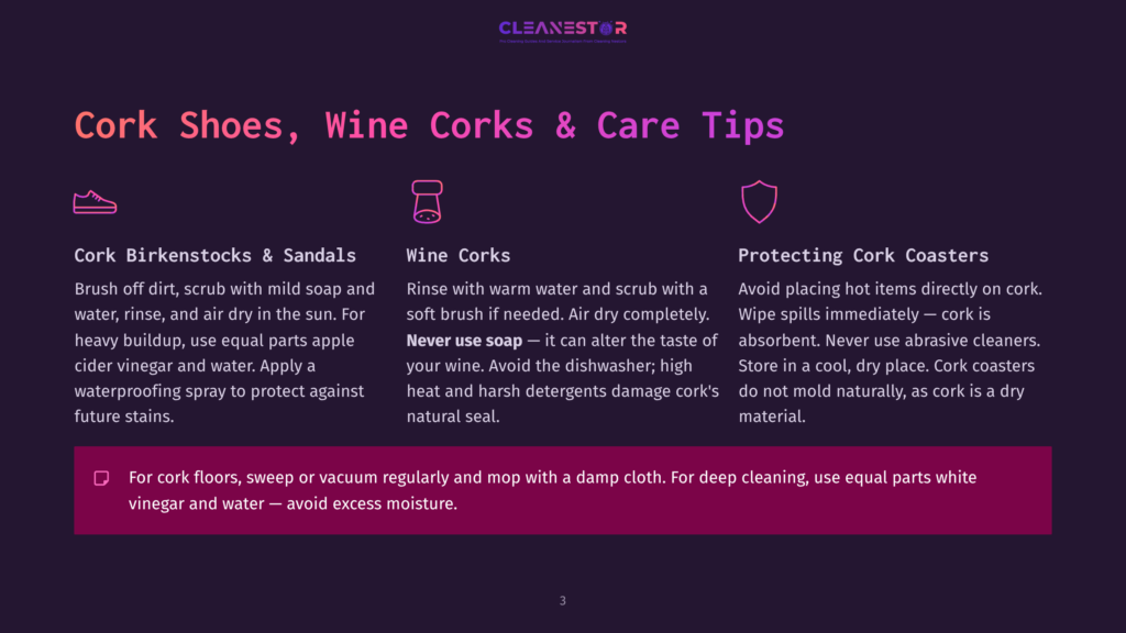 Infographic Detailing How To Care For Cork Shoes, Wine Corks, And Cork Coasters. Includes Icons And Text With Care Instructions, Emphasizing Avoiding Excess Moisture For Cork Floors.