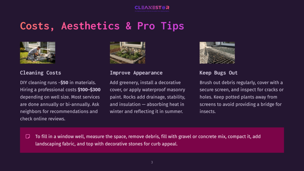 3 Costs Aesthetics And Pro Tips Three Images Showcase Home Maintenance: A Person Cleaning Gutters, A Close-Up Of A Decorative Garden Planter Box, And A Secure Screen On A Window To Keep Bugs Out. The Text Highlights Cleaning Costs, Improving Appearance, And Keeping Bugs Out.