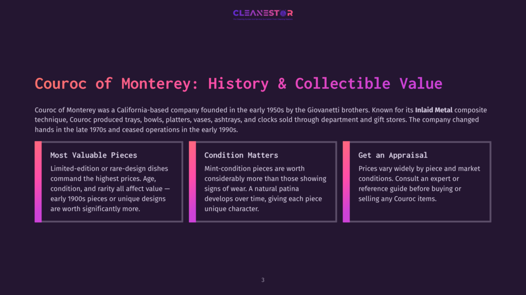 3 Couroc Of Monterey History And Collectible Value Courroc Of Monterey: History &Amp; Collectible Value. Three Cards Detailing &Quot;Most Valuable Pieces,&Quot; &Quot;Condition Matters,&Quot; And &Quot;Get An Appraisal&Quot; For Courroc Items, With A Background Image Of A Stylized Logo.