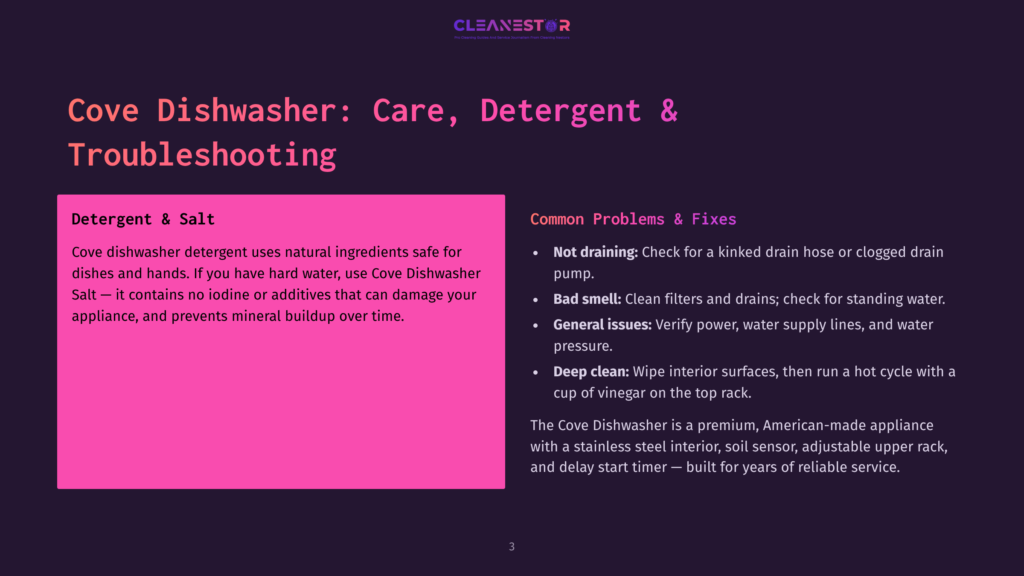 Dark Purple Slide With &Quot;Cleanestor&Quot; Logo At Top. Title: &Quot;Cove Dishwasher: Care, Detergent &Amp; Troubleshooting&Quot;. Left Side Details &Quot;Detergent &Amp; Salt&Quot; With Text About Cove Dishwasher Detergent. Right Side Lists &Quot;Common Problems &Amp; Fixes&Quot; With Bullet Points.