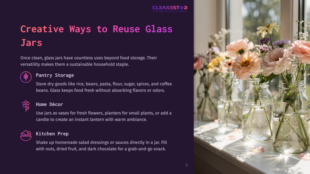3 Creative Ways To Reuse Glass Jars Glass Jars Filled With Colorful Flowers, Including Pink Roses And Yellow Daisies, Sit On A Windowsill, Catching The Sunlight.