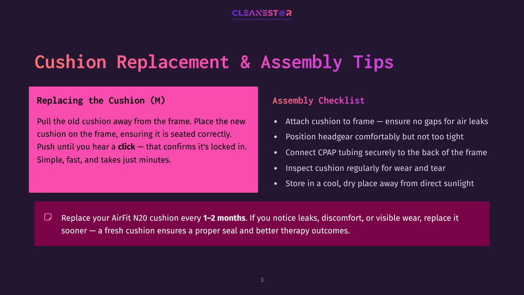 3 Cushion Replacement And Assembly Tips Slide 3 Of A Presentation On Cpap Cushion Replacement And Assembly Tips, Featuring A Purple Background With Text Sections On Replacing The Cushion And Assembly Checklist. The Text Includes Instructions And A Reminder To Replace The Airfit N20 Cushion Every 1-2 Months.