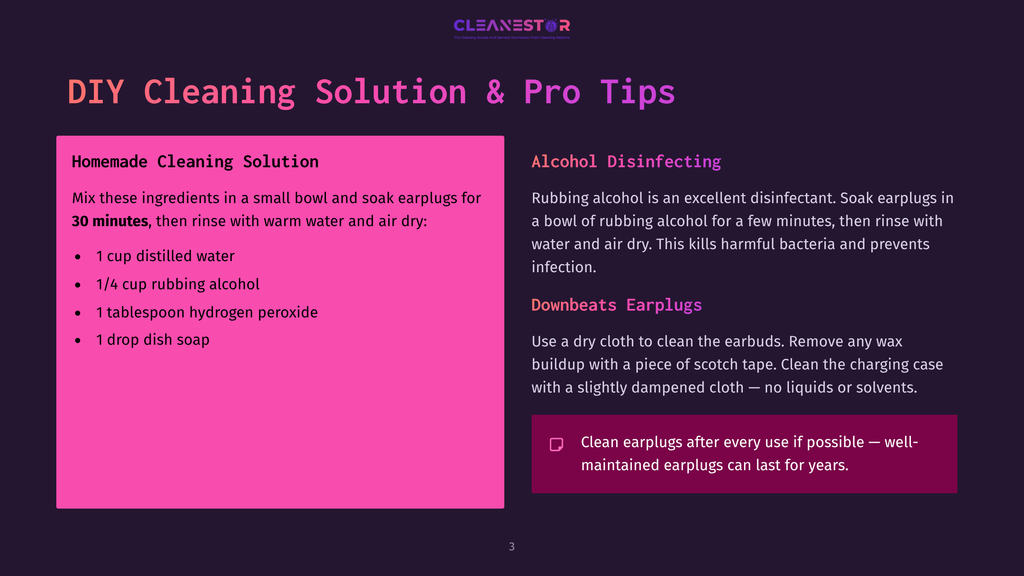 Diy Cleaning Solution &Amp; Pro Tips: Homemade Cleaning Solution With Ingredients Like Rubbing Alcohol And Dish Soap, Alongside Alcohol Disinfecting Instructions For Earplugs.