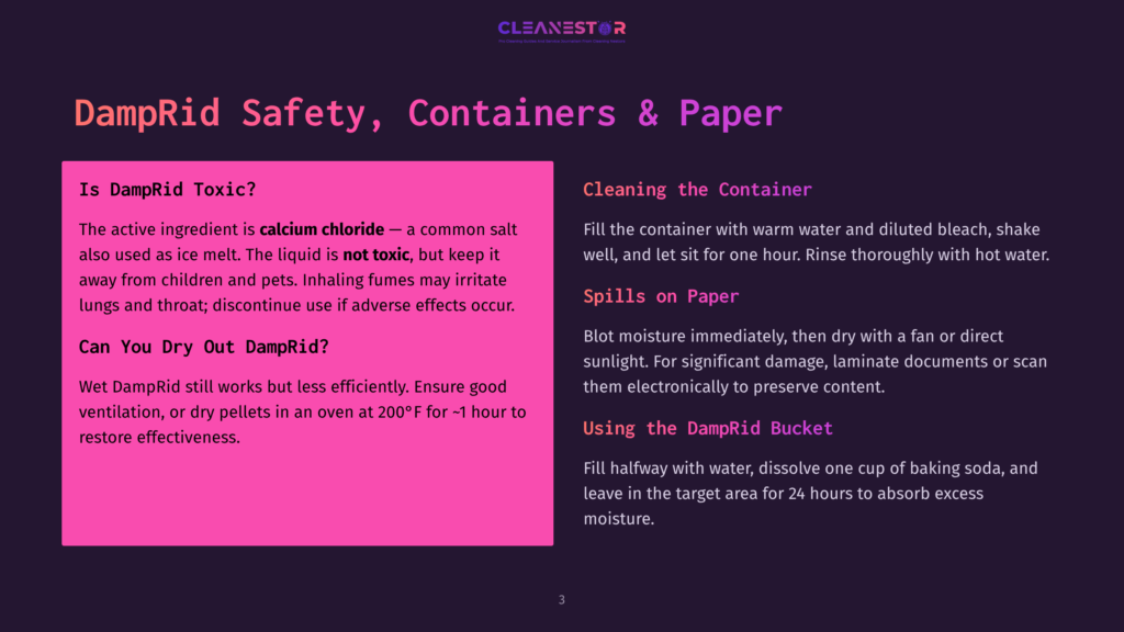Damprid Safety, Containers &Amp; Paper: Is Damprid Toxic? Can You Dry Out Damprid? Cleaning The Container, Spills On Paper, Using The Damprid Bucket. Text Explains Damprid Safety And Usage.