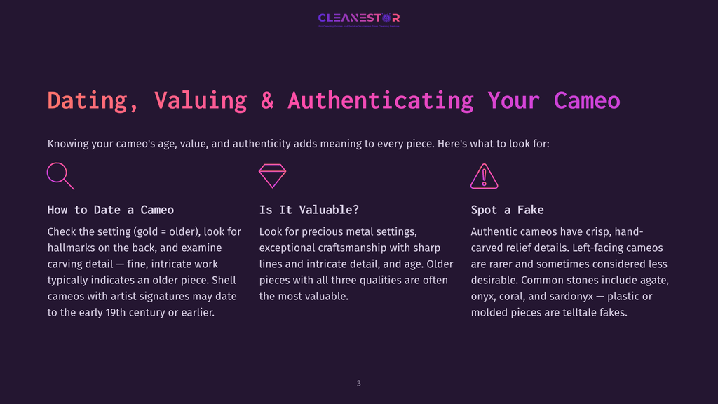 Dating, Valuing &Amp; Authenticating Your Cameo: How To Date A Cameo, Is It Valuable, And Spot A Fake. The Text Explains How To Check Hallmarks, Look For Precious Metal Settings, And Identify Authentic Cameo Details.