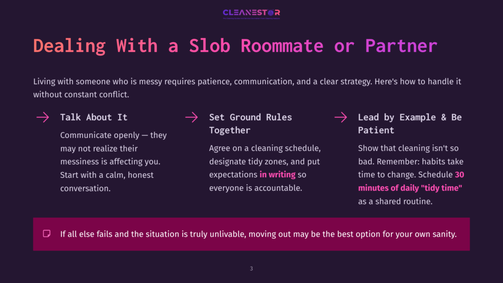 3 Dealing With A Slob Roommate Or Partner Graphic With Text &Quot;Dealing With A Slob Roommate Or Partner&Quot; And Tips: &Quot;Talk About It,&Quot; &Quot;Set Ground Rules Together,&Quot; &Quot;Lead By Example &Amp; Be Patient.