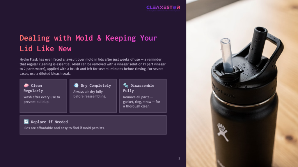 Close-Up Of A Black Hydro Flask Water Bottle With A Straw Lid, Showing The Straw And Gasket Detail. Text Overlay Discusses Dealing With Mold In Lids.