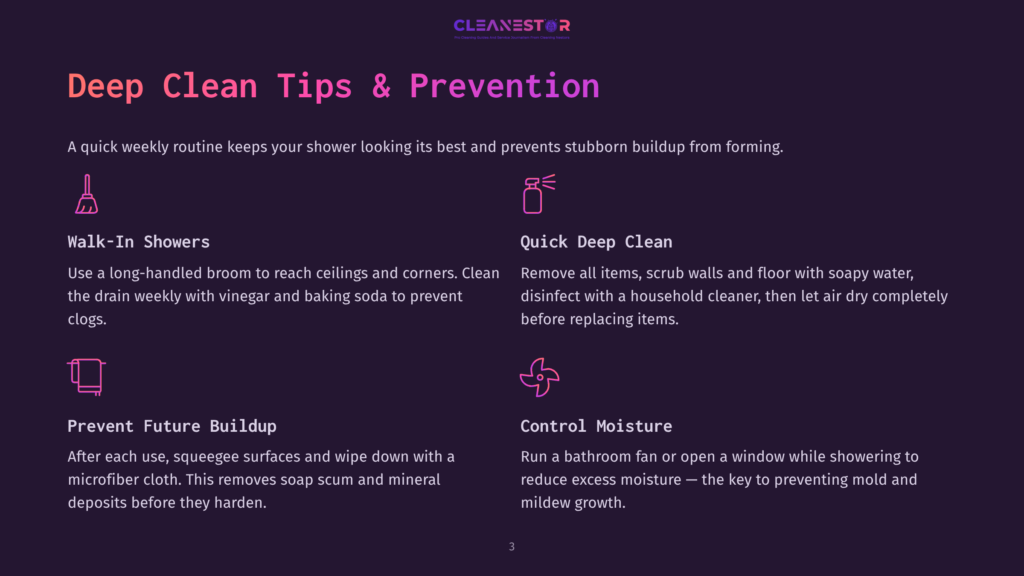 3 Deep Clean Tips And Prevention Cleanestor Shower Cleaning Tips: Walk-In Showers, Quick Deep Clean, Prevent Future Buildup, And Control Moisture For A Sparkling Bathroom.