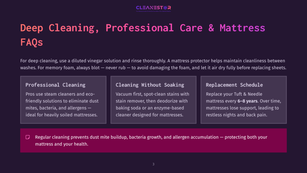 Deep Cleaning, Professional Care &Amp; Mattress Faqs: Professional Cleaning, Cleaning Without Soaking, And Replacement Schedule Information With A Purple Background.