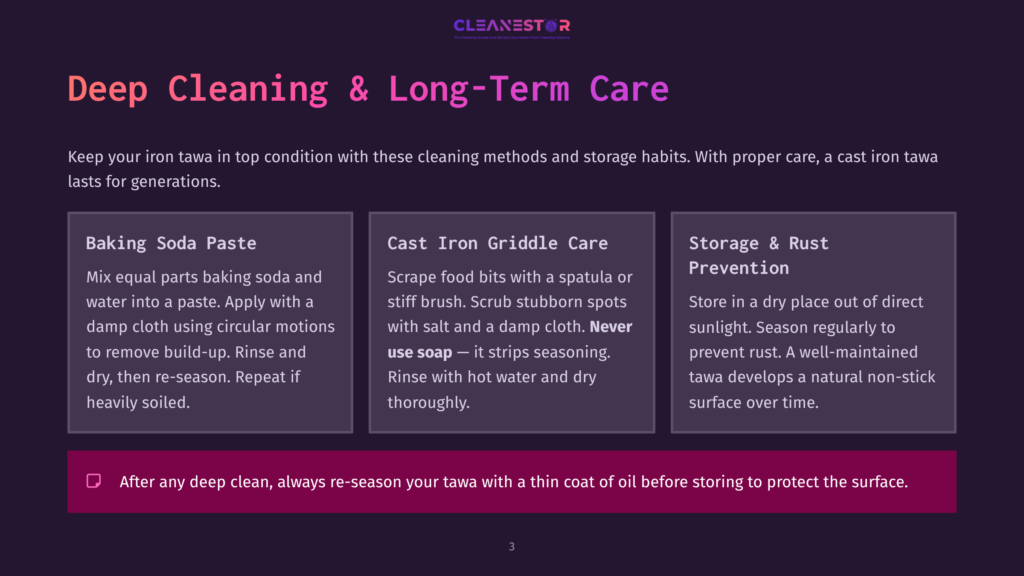 3 Deep Cleaning And Long Term Care A Dark Purple Slide With A White &Quot;Cleanestor&Quot; Logo At The Top, Detailing &Quot;Deep Cleaning &Amp; Long-Term Care&Quot; For Cast Iron Cookware. Three Sections Explain Cleaning Methods: &Quot;Baking Soda Paste,&Quot; &Quot;Cast Iron Griddle Care,&Quot; And &Quot;Storage &Amp; Rust Prevention,&Quot; With A Final Tip About Re-Seasoning.