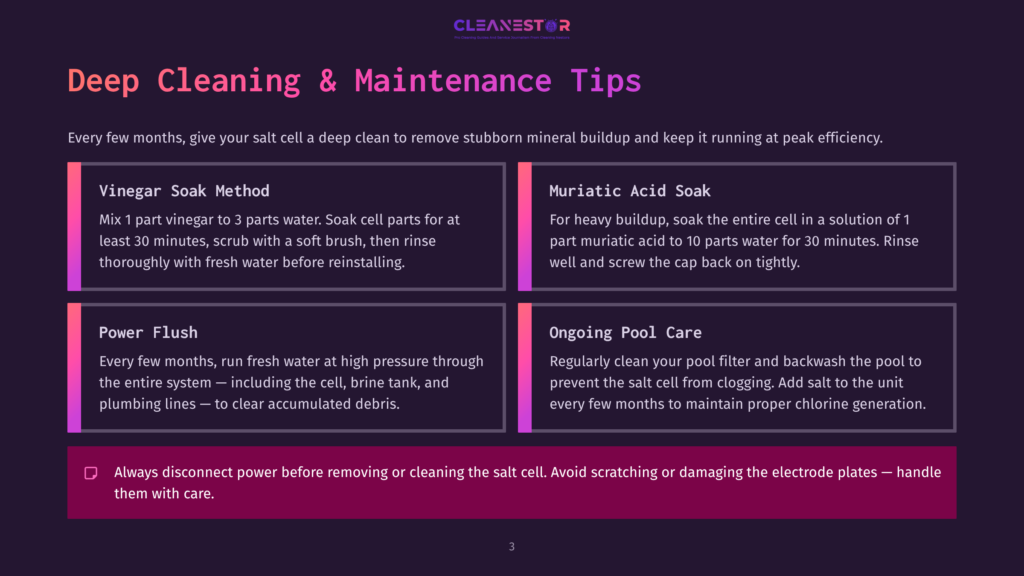 Infographic Detailing Salt Cell Cleaning Methods For Pools: Vinegar Soak, Muriatic Acid Soak, Power Flush, And Ongoing Pool Care. Includes Safety Warning To Disconnect Power.