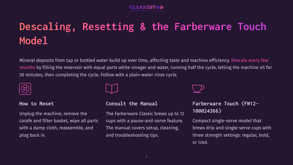 3 Descaling Resetting And The Farberware Touch Model Farberware Touch Coffee Maker Descaling And Reset Instructions: &Quot;Descaling, Resetting &Amp; The Farberware Touch Model.&Quot; Includes Icons For Cleaning, Manual, And Product Details.