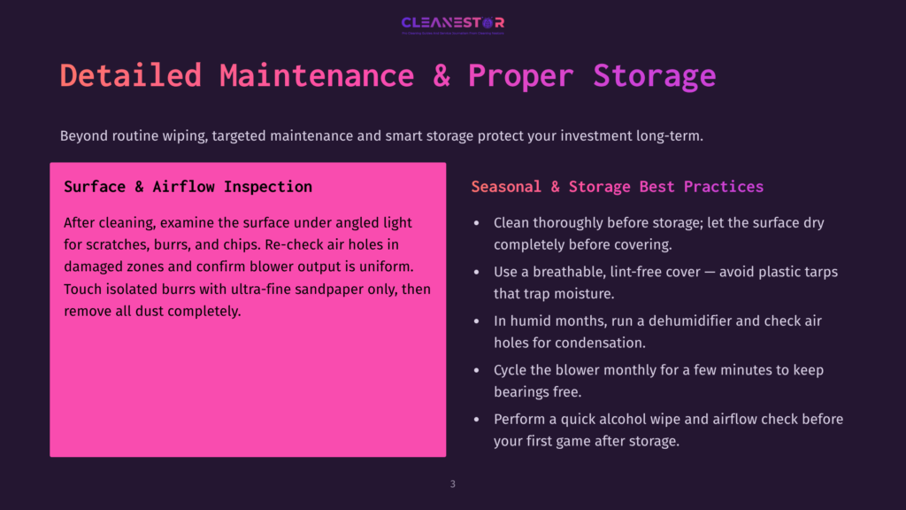 3 Detailed Maintenance And Proper Storage Slide Titled &Quot;Detailed Maintenance &Amp; Proper Storage&Quot; With Sections &Quot;Surface &Amp; Airflow Inspection&Quot; And &Quot;Seasonal &Amp; Storage Best Practices&Quot; Detailing Cleaning And Storage Tips For A Product.