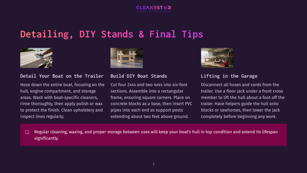 Three Images Illustrate Boat Detailing And Diy Stands: A Close-Up Of A Boat Hull Being Cleaned, A Wooden Diy Boat Stand Assembly, And A Boat Lifted Onto A Trailer With A Floor Jack.