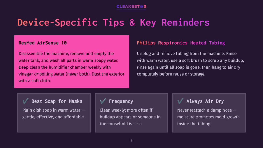 Infographic With Device-Specific Tips For Cleaning A Resmed Airsense 10 Cpap Machine And Philips Respironics Heated Tubing. Includes Cleaning Instructions And Best Practices.