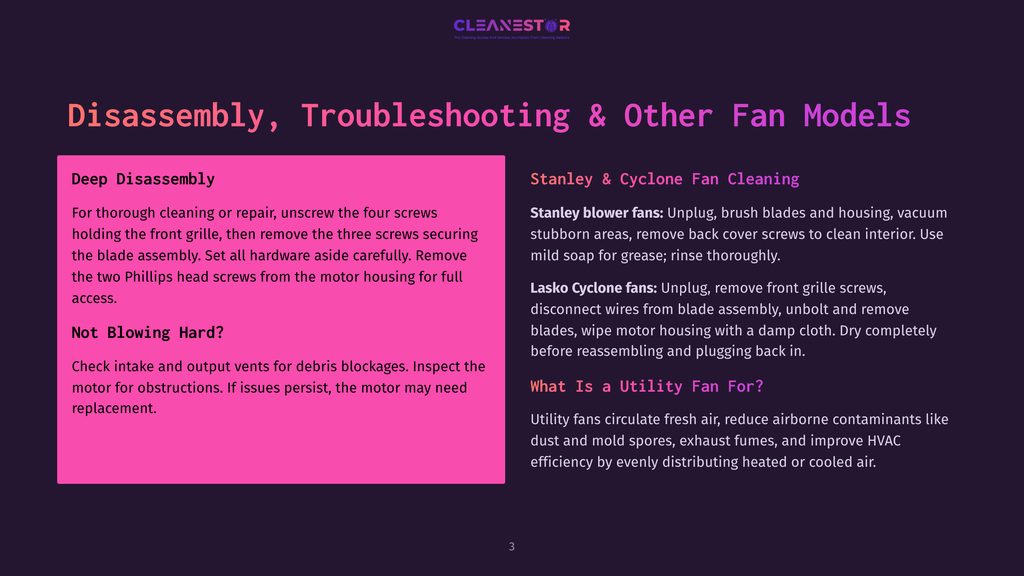 Cleanestor Logo Above Text: Disassembly, Troubleshooting &Amp; Other Fan Models. Sections Include &Quot;Deep Disassembly&Quot; And &Quot;Not Blowing Hard?&Quot;. Right Side Has &Quot;Stanley &Amp; Cyclone Fan Cleaning&Quot; And &Quot;What Is A Utility Fan For?&Quot;.
