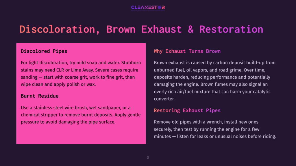 Discolored Pipes And Brown Exhaust Restoration Guide. Text Explains Causes Of Brown Exhaust And How To Clean Discolored Pipes With Clr Or Lime Away And Sandpaper.