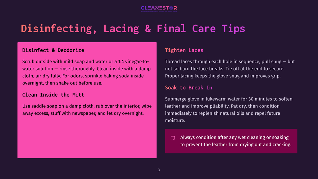 Instructions For Cleaning And Disinfecting Leather Gloves And Boots, Including Steps For Soaking, Drying, And Tightening Laces.