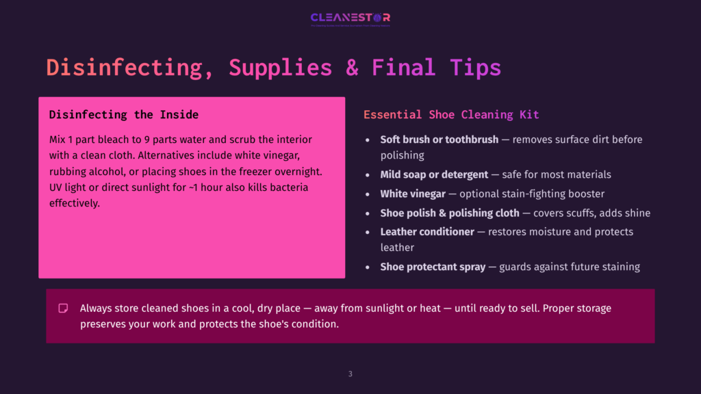 Slide With Title &Quot;Disinfecting, Supplies &Amp; Final Tips&Quot; From Cleanestor, Detailing Shoe Cleaning Methods With Bleach And Water, And Listing Essential Shoe Cleaning Kit Items Like Soft Brush, Mild Soap, White Vinegar, Shoe Polish, Leather Conditioner, And Shoe Protectant Spray.