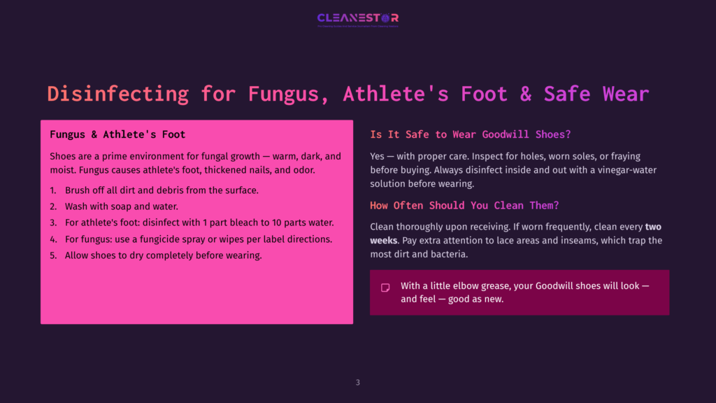 A Slide Titled &Quot;Disinfecting For Fungus, Athlete'S Foot &Amp; Safe Wear&Quot; With Text About Shoe Care And Disinfection Tips.