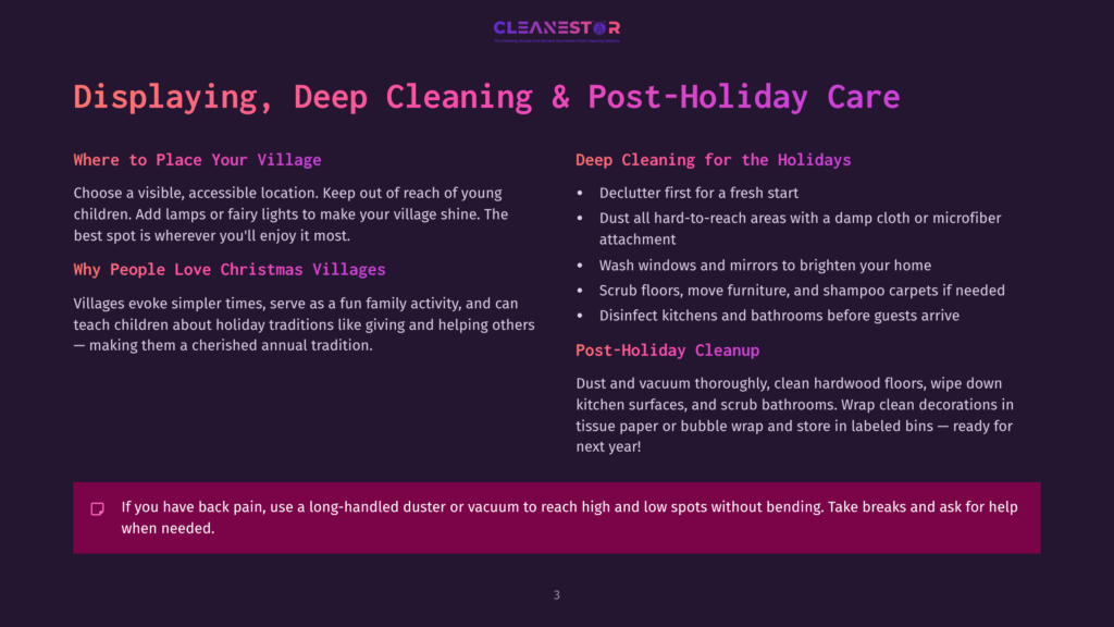 3 Displaying Deep Cleaning And Post Holiday Care A Dark Purple Background With White Text Listing Tips For Displaying, Deep Cleaning, And Post-Holiday Care, Including Advice On Village Displays And Dusting.