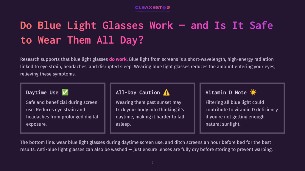 A Graphic With The Title &Quot;Do Blue Light Glasses Work - And Is It Safe To Wear Them All Day?&Quot; The Graphic Includes Sections On Daytime Use, All-Day Caution, And Vitamin D, With Text About Blue Light Glasses And Screen Use.