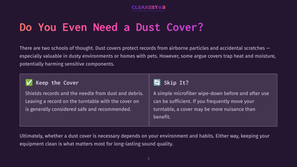 Cleanestor Logo With Text &Quot;Do You Even Need A Dust Cover?&Quot;. Two Panels With Icons And Text: &Quot;Keep The Cover&Quot; And &Quot;Skip It?&Quot;.