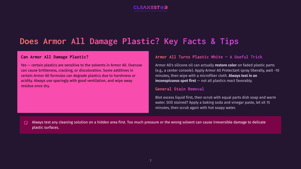 A Dark Purple Background With A Light Purple Box On The Left Containing Text About Armor All Damaging Plastic. A Light Purple Box On The Right Contains Text About Armor All Turning Plastic White And How To Restore Color. The Cleanestor Logo Is At The Top.