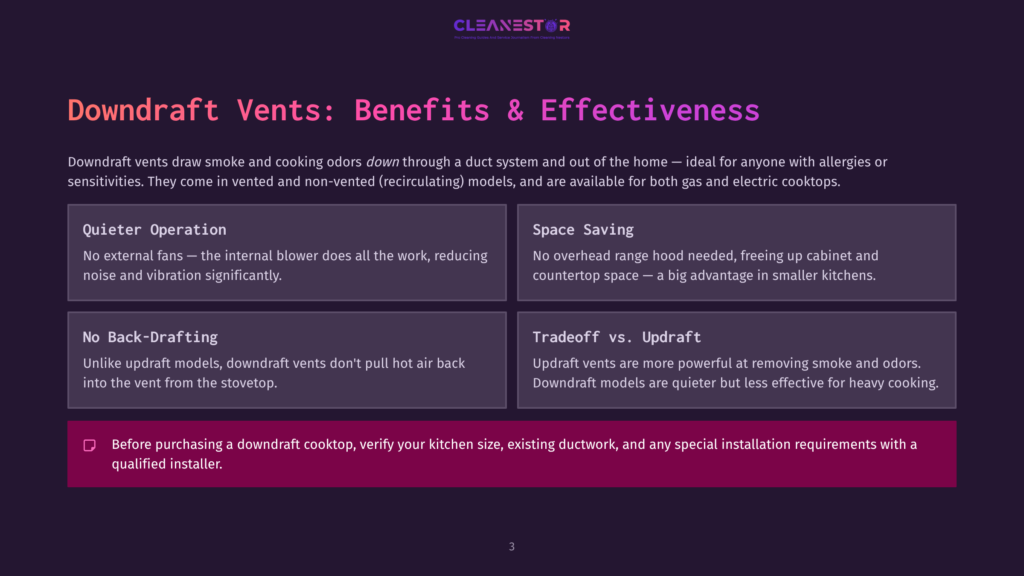 Infographic Detailing The Benefits And Effectiveness Of Downdraft Vents, Highlighting Quieter Operation, Space-Saving Design, No Back-Drafting, And The Tradeoff With Updraft Models.