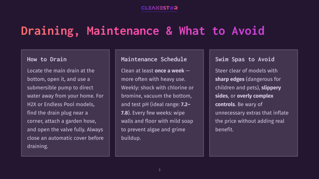A Graphic With The Title &Quot;Draining, Maintenance &Amp; What To Avoid&Quot; On A Dark Purple Background, Featuring Three Columns With Advice On Draining Pools, Maintenance Schedules, And Swim Spas.