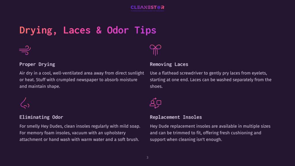 Infographic With Tips For Drying, Laces, And Odor Removal For Shoes, Featuring Icons For Drying, Removing Laces, Eliminating Odor, And Replacement Insoles.