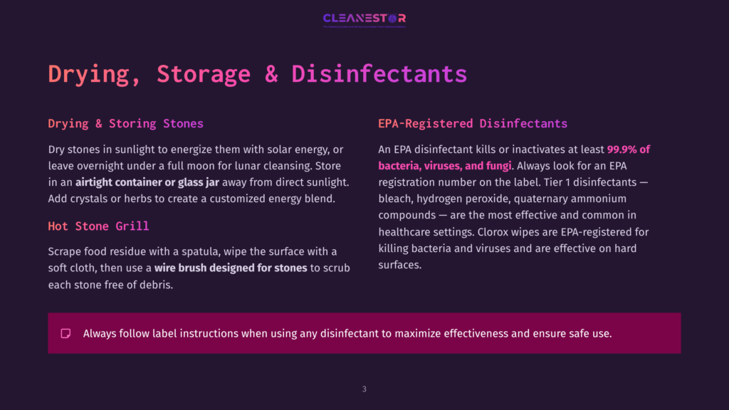 A Slide From A Presentation Titled &Quot;Cleanestor: Pro Cleaning Services And Advanced Disinfection Tools&Quot; Discusses Drying, Storage, And Disinfectants. It Highlights Drying Stones In Sunlight Or Overnight Under A Full Moon, And Epa-Registered Disinfectants Like Clorox Wipes For Killing Bacteria, Viruses, And Fungi.