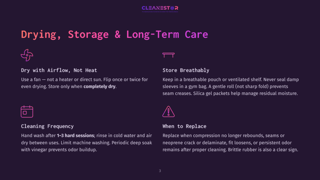 Cleanestor Product Care Guide: Drying, Storage &Amp; Long-Term Care. Features Icons And Text For Dry With Airflow, Store Breathably, Cleaning Frequency, And When To Replace.