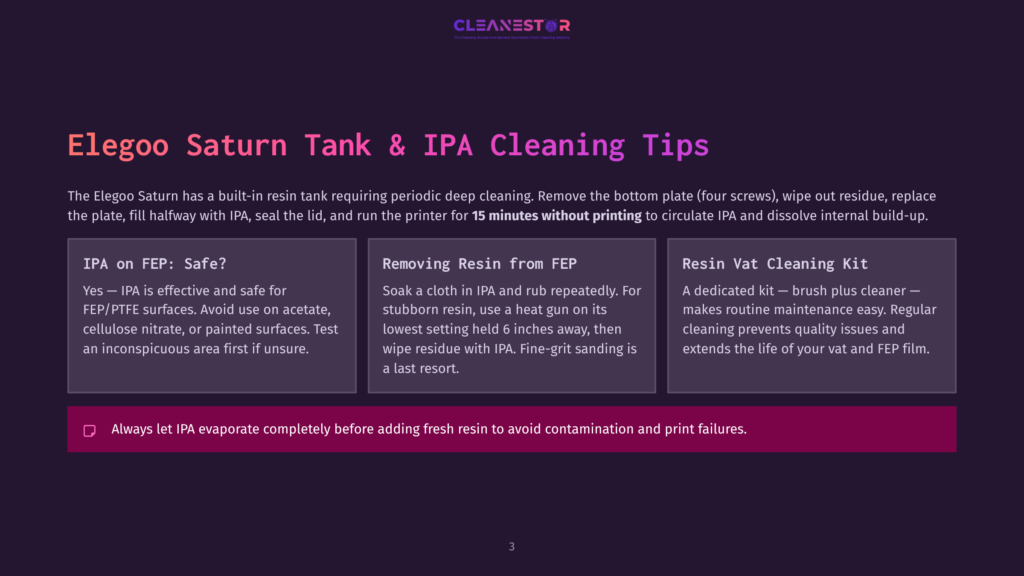 Elegoo Saturn Tank And Ipa Cleaning Tips, Including Ipa On Fep Safety, Removing Resin From Fep, And Resin Vat Cleaning Kit Instructions.