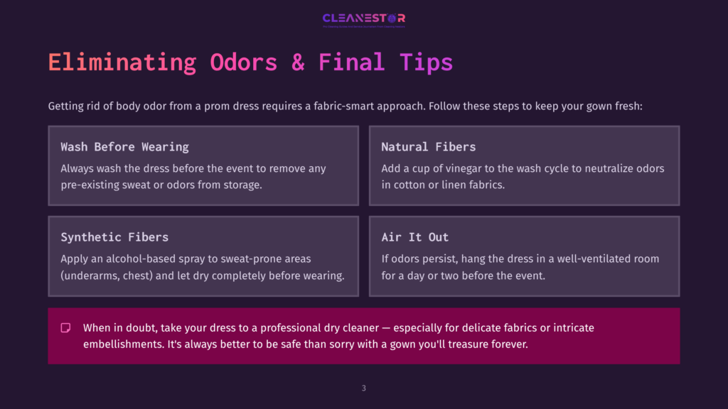 3 Eliminating Odors And Final Tips Graphic With Text &Quot;Eliminating Odors &Amp; Final Tips&Quot; And Four Sections: &Quot;Wash Before Wearing,&Quot; &Quot;Natural Fibers,&Quot; &Quot;Synthetic Fibers,&Quot; And &Quot;Air It Out,&Quot; Offering Advice On Keeping Prom Dresses Fresh.