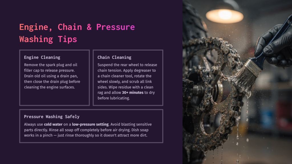 3 Engine Chain And Pressure Washing Tips Close-Up Of A Gloved Hand Using A Brush To Clean A Dirty Motorcycle Chain And Sprocket With A Degreaser Spray, Showing Detailed Cleaning Tips.