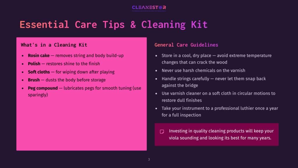 A Dark Purple Slide Titled &Quot;Essential Care Tips &Amp; Cleaning Kit&Quot; Lists Items Like Rosin Cake, Polish, Soft Cloths, Brush, And Peg Compound For Instrument Cleaning, Alongside General Care Guidelines.