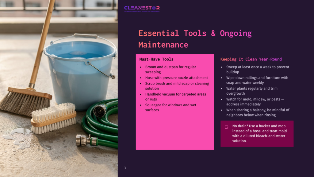 A Blue Bucket Filled With Water Sits On A Concrete Surface Next To A Broom And A Scrub Brush. A Green Hose Is Coiled Nearby. The Image Displays Text From A Presentation Slide Titled &Quot;Essential Tools &Amp; Ongoing Maintenance&Quot; With Bullet Points About Cleaning.