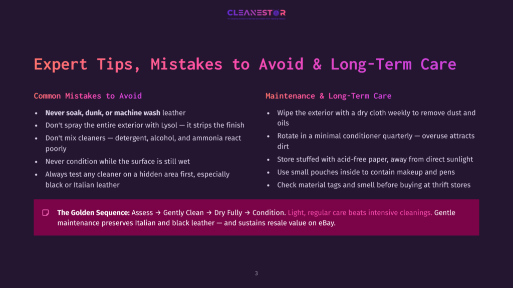 3 Expert Tips Mistakes To Avoid And Long Term Care Expert Tips, Mistakes To Avoid &Amp; Long-Term Care For Leather: Common Mistakes Like Soaking And Mixing Cleaners, And Maintenance Like Wiping With A Dry Cloth And Using Small Pouches For Makeup.