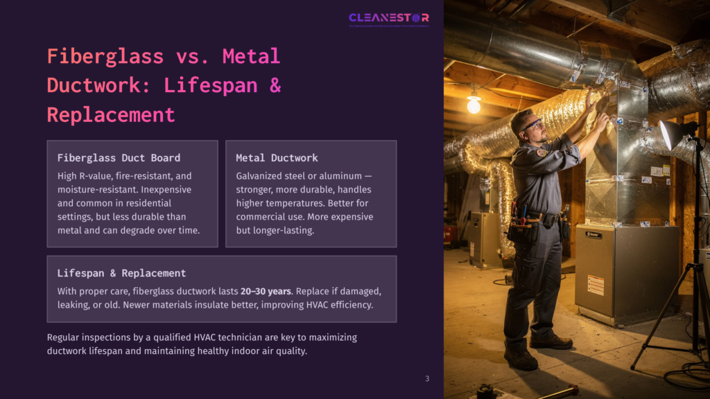 3 Fiberglass Vs Metal Ductwork Lifespan And Replacement Hvac Technician Inspects Metal Ductwork In A Home Attic, With A Furnace In The Background. Text Overlay: &Quot;Fiberglass Vs. Metal Ductwork: Lifespan &Amp; Replacement.