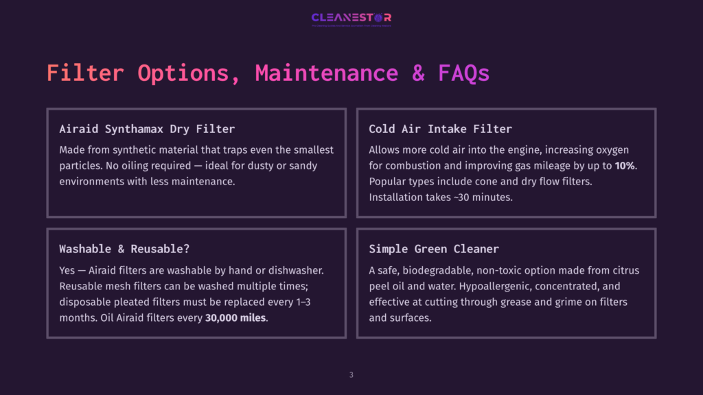 Cleanestor Brand Graphic Detailing Filter Options: Airaid Synthamax Dry Filter, Cold Air Intake Filter, Washable &Amp; Reusable Filter, And Simple Green Cleaner. Filter Options, Maintenance, And Faqs Are Highlighted.