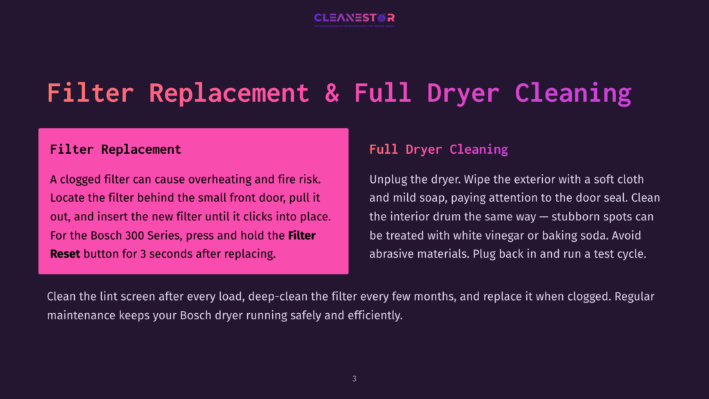 Filter Replacement &Amp; Full Dryer Cleaning Instructions From Cleanestor, Detailing Filter Replacement Steps For Bosch 300 Series Dryers And Full Dryer Cleaning Advice.