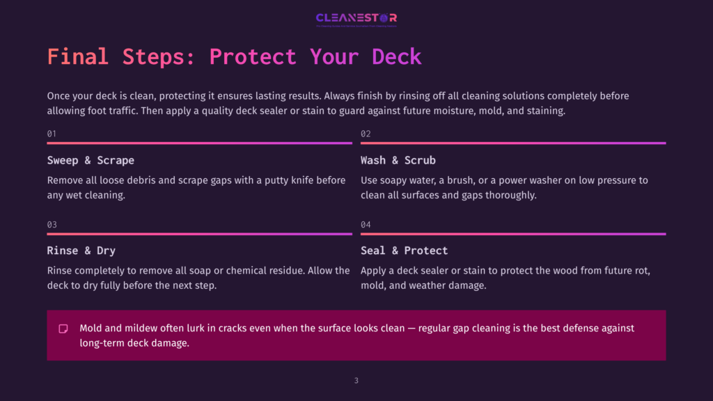 A Purple And Pink Gradient Background Displays A Four-Step Guide For Deck Cleaning And Protection. The Steps Are Labeled &Quot;Sweep &Amp; Scrape,&Quot; &Quot;Wash &Amp; Scrub,&Quot; &Quot;Rinse &Amp; Dry,&Quot; And &Quot;Seal &Amp; Protect,&Quot; With A Final Warning About Mold.